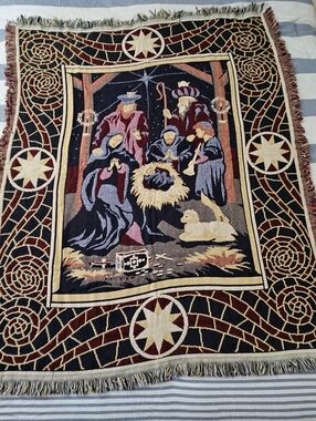 Vintage Crown Crafts Tapestry Nativity Blanket Throw USA 46X59